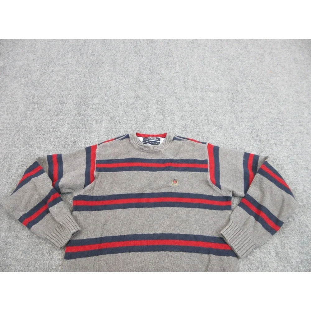 Tommy Hilfiger Sweater Mens Small Gray Crewneck Striped Knit Pullover Logo